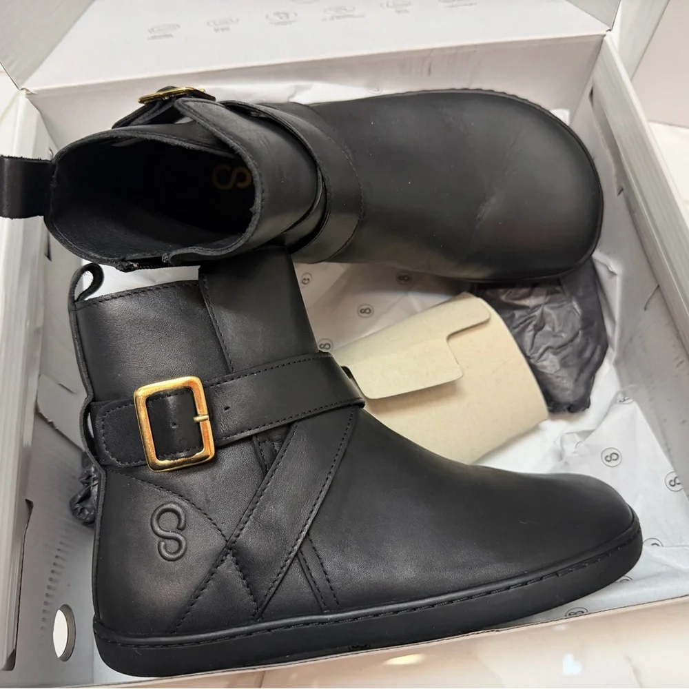 Shapen Barefoot Black Ankle Boots with Gold Buckle - wide and extra wide fit - Picture 6 of 10
